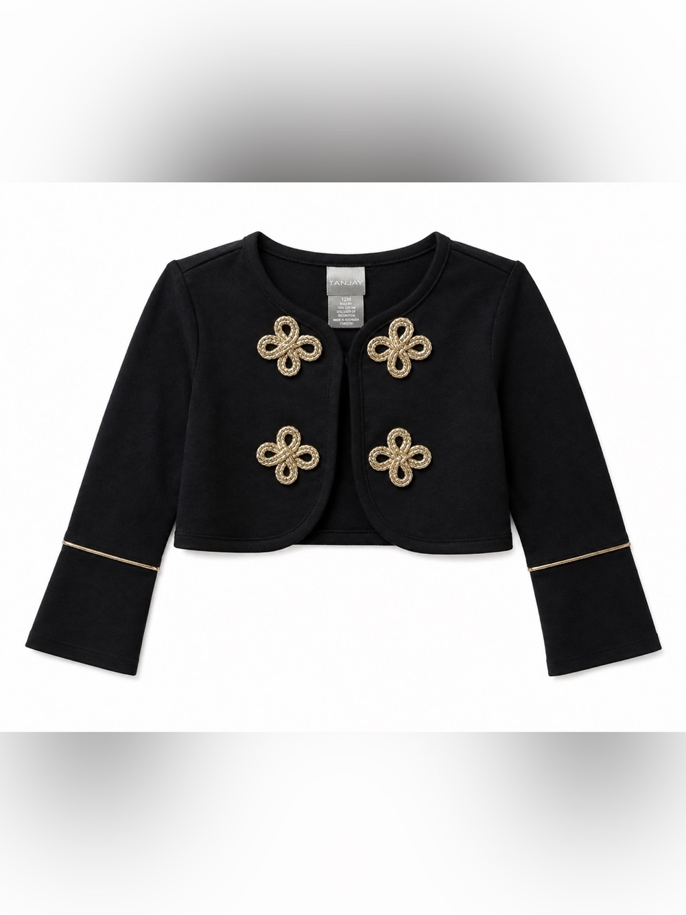 TAHARI Baby Black Cropped Cardigan Jacket Gold Braid Frogs - Size 12M